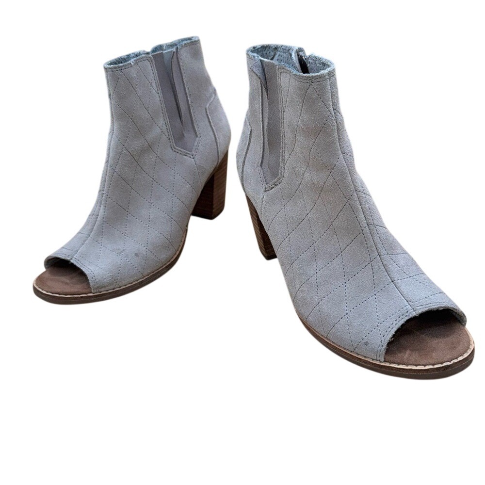 TOMS Majorca Gray Taupe Suede Block Heel Peep Toe Ankle Bootie Women's 7 GUC